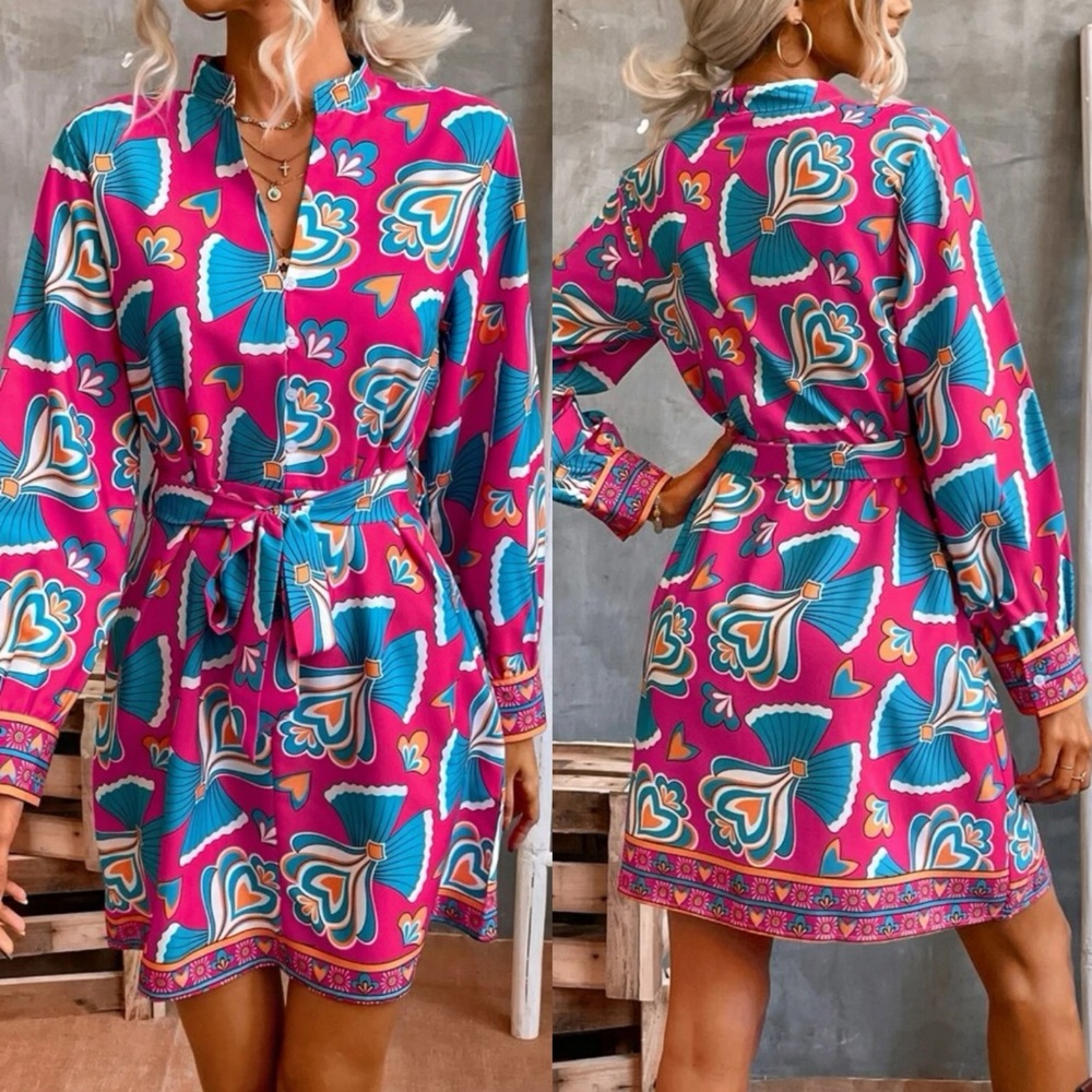 Women’s Allover Print Notch Neck Belted Dress